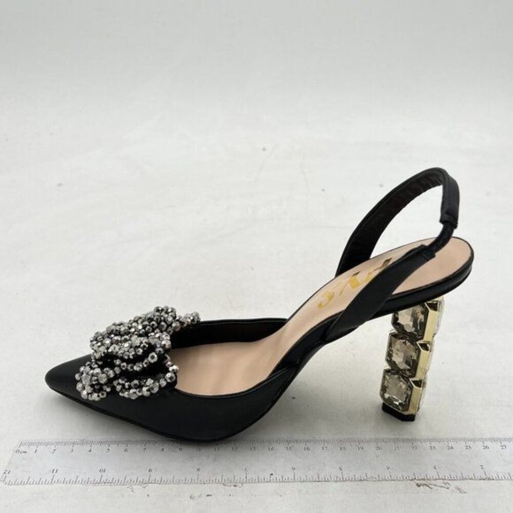 FYS Black Women Butterfly Pointed Toe Pumps Crystal High Heel Slingback Shoes